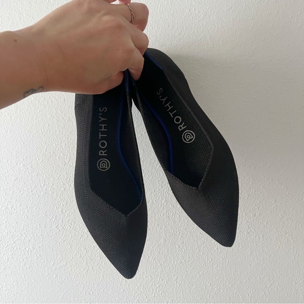 Rothy's Black Pointed Knit Ballet Flats with Subtle Blue Trim - Picture 2 of 6